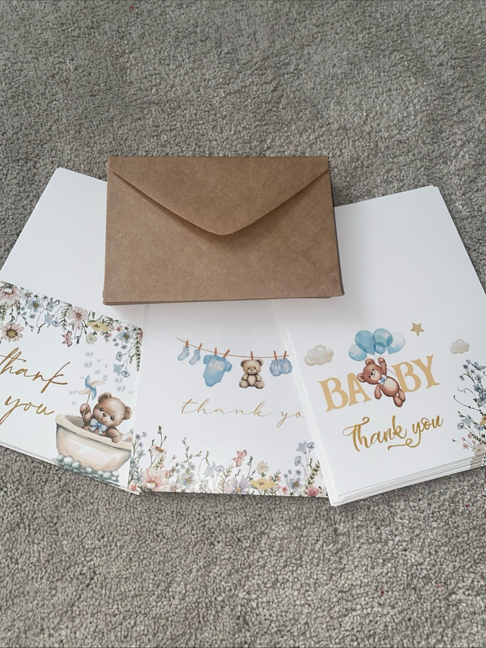 24 Baby Shower Thank You Cards With Envelopes Teddy Bears Floral Brown Blue